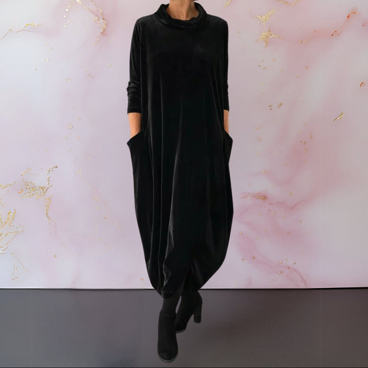 Vestido Elegante con Cuello Alto y Bolsillos