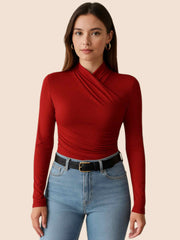 Cross-Over Collar Pleated Cinched T-Shirt