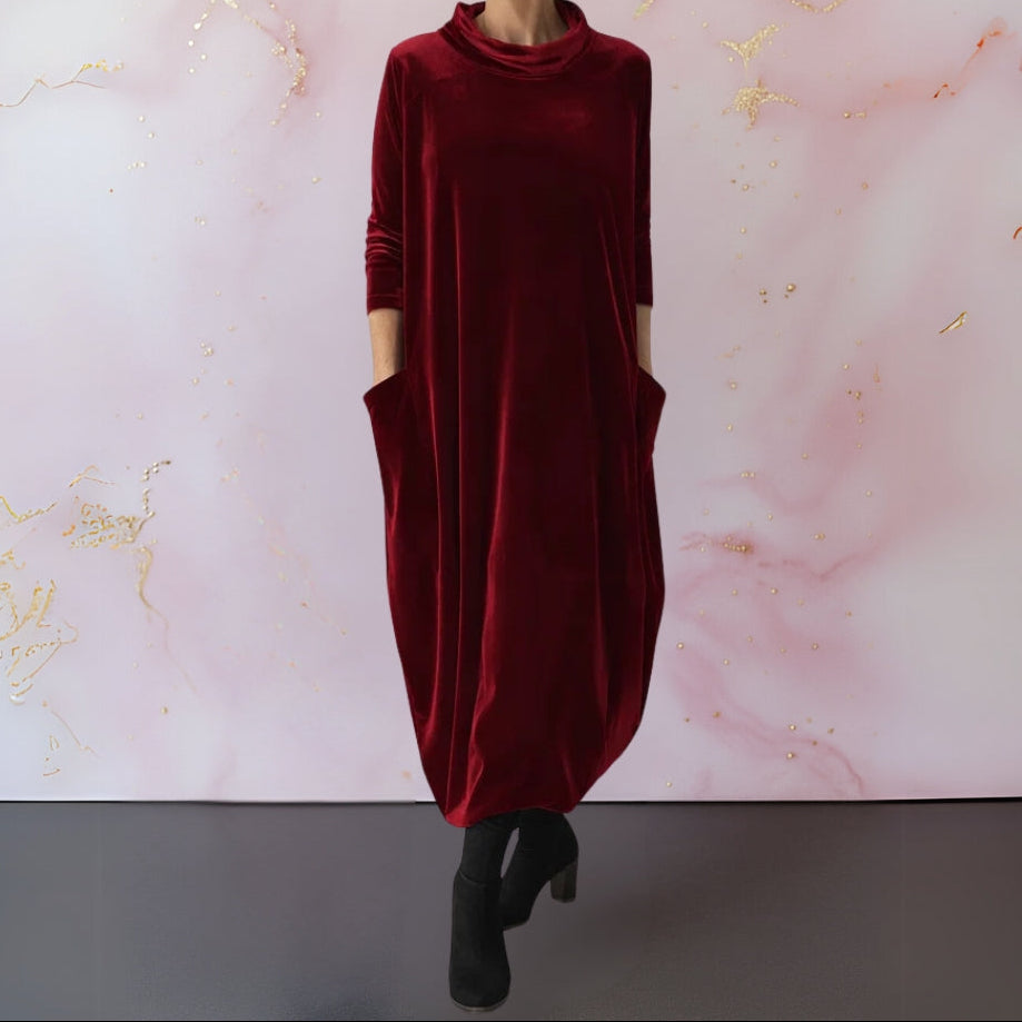 Vestido Elegante con Cuello Alto y Bolsillos