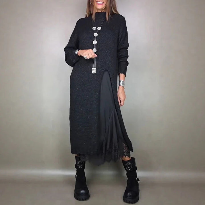 Conjunto con Encantador Vestido de Satén y Jersey Largo de Punto Artesanal