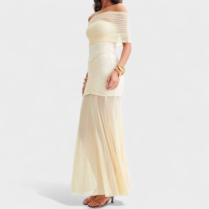 Vittoria – Vestido Largo de Malla con Hombros Descubiertos que realza tu sensualidad elegante