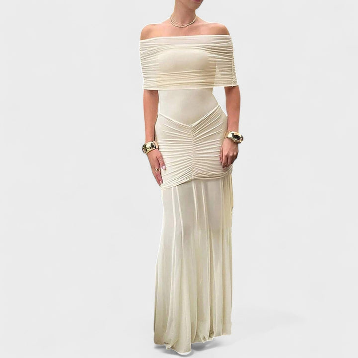 Vittoria – Vestido Largo de Malla con Hombros Descubiertos que realza tu sensualidad elegante