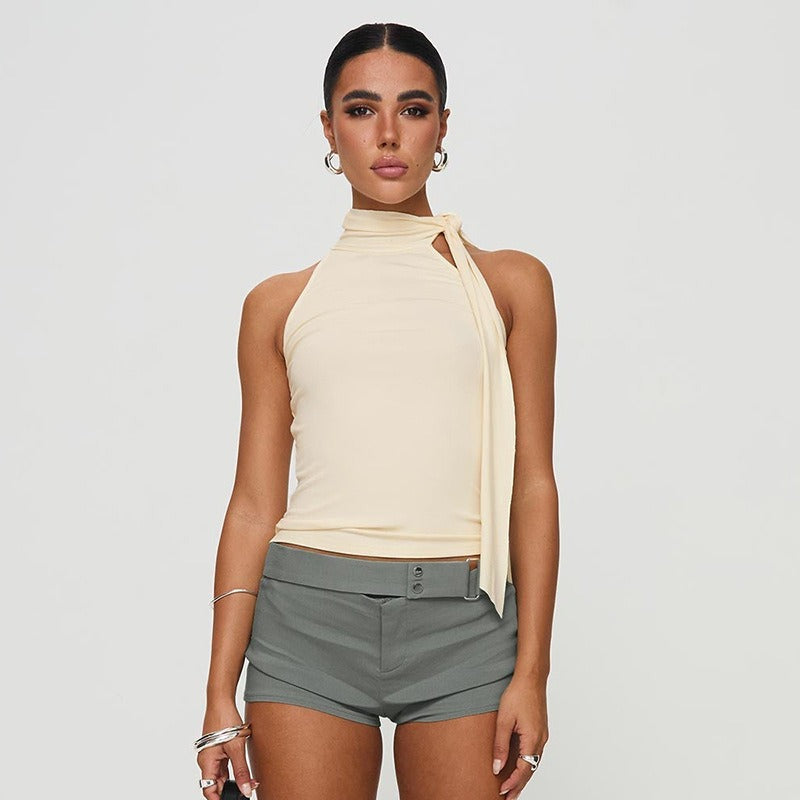 Top sin mangas para mujer de cuello alto con lazo asimétrico - Natalia