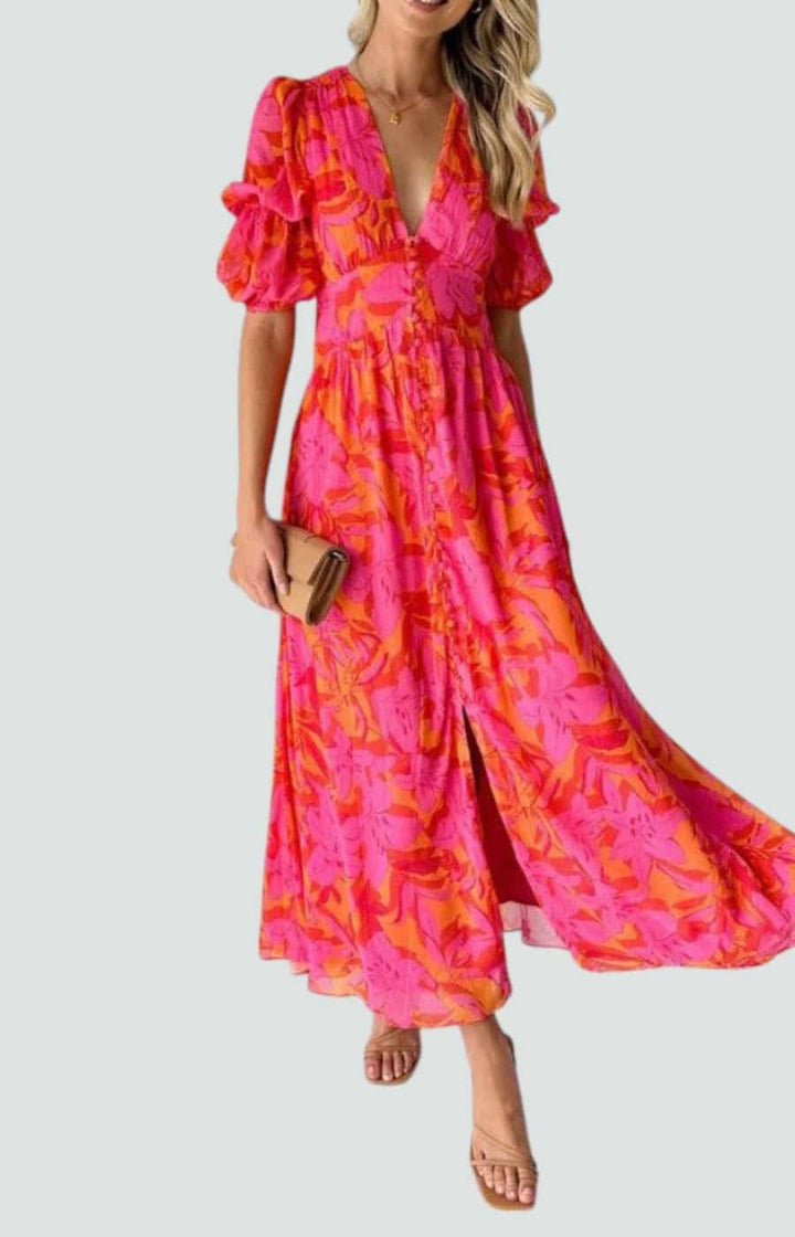 PALOMA | VESTIDO MAXI EN ROJO ROSADO CON MANGAS GLOBO