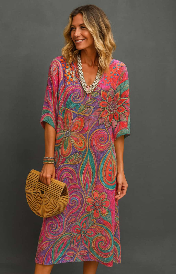 MAYA | VESTIDO ARTESANAL DE VERANO CON ESTAMPADO FLORAL HIPNÓTICO