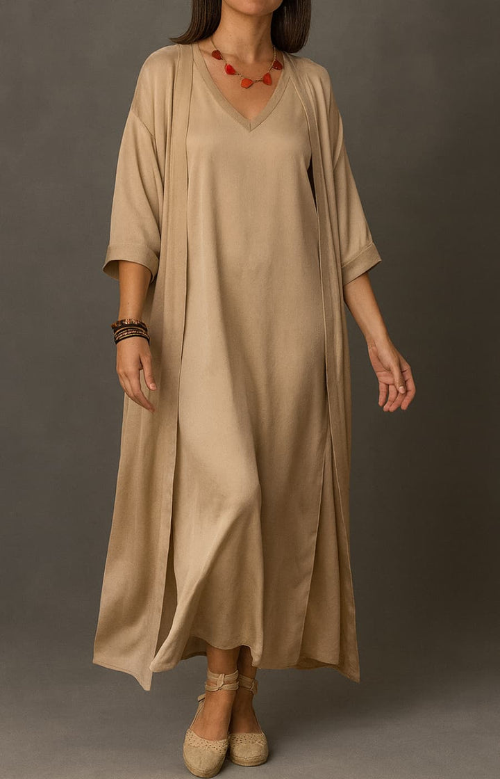 GABRIELA | CONJUNTO SATINADO DE CHAQUETA CORTA Y VESTIDO SIN MANGAS CON BOLSILLOS