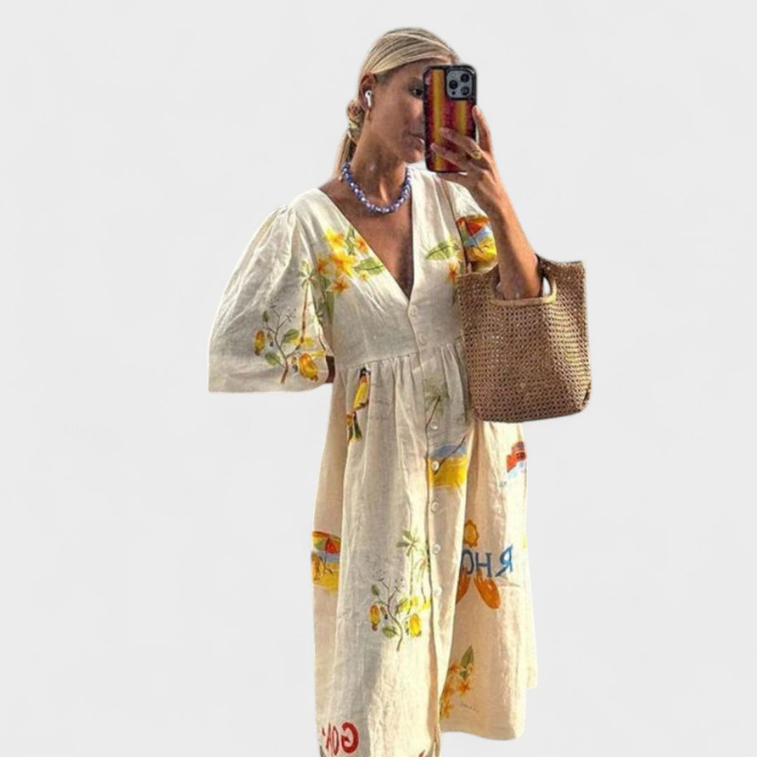 Rita – Vestido de lino estampado que transforma tu estilo