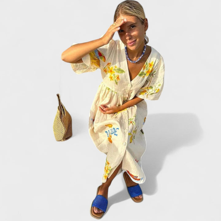 Rita – Vestido de lino estampado que transforma tu estilo