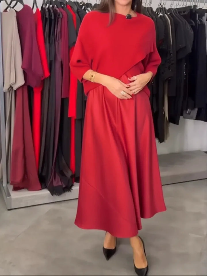 Conjunto de Dos Piezas con Vestido Satinado y Suéter de Punto