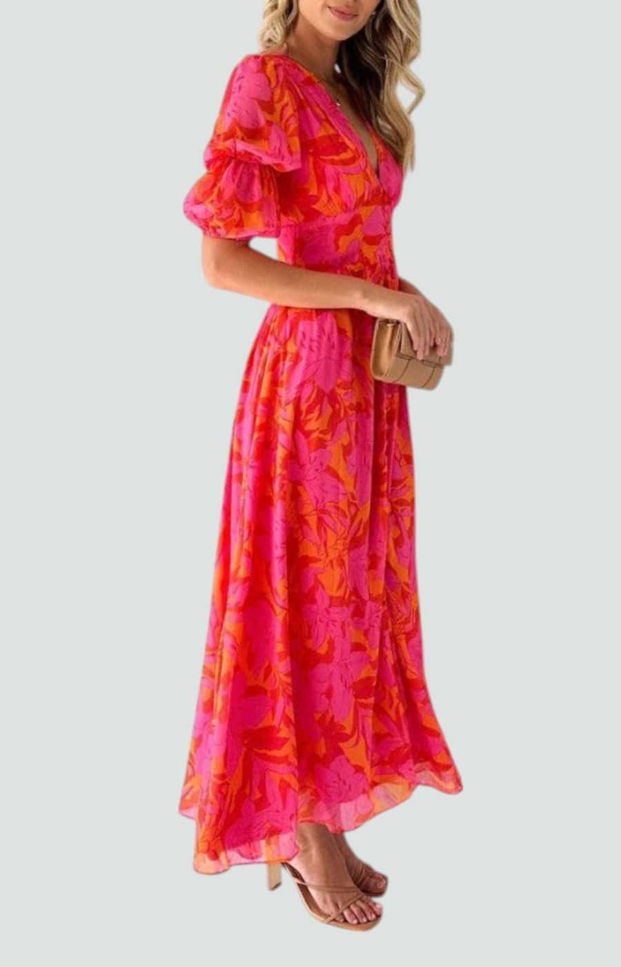 PALOMA | VESTIDO MAXI EN ROJO ROSADO CON MANGAS GLOBO