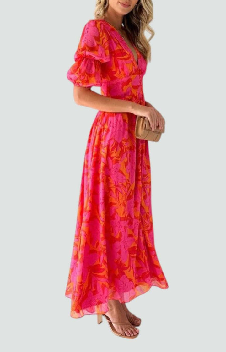 PALOMA | VESTIDO MAXI EN ROJO ROSADO CON MANGAS GLOBO