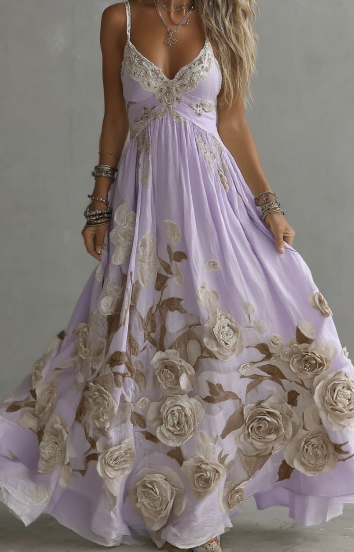 VALERIA | VESTIDO LARGO CON FLORES EN RELIEVE
