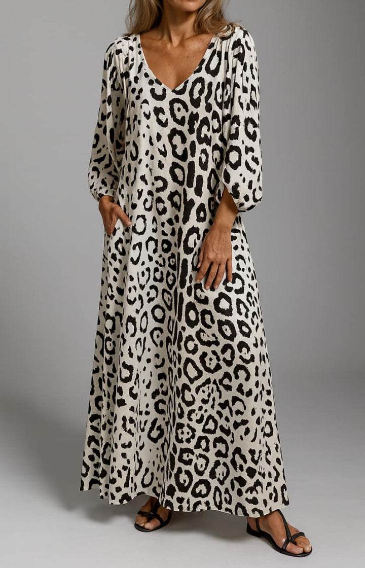 CARMEN | VESTIDO LARGO DE MANGAS LARGAS CON ESTAMPADO LEOPARDO