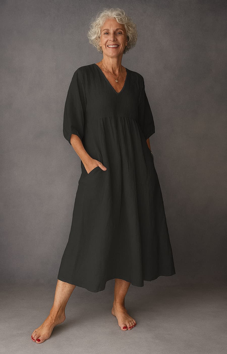 ÁNGELA | VESTIDO MIDI CON BOLSILLOS EN TEJIDO LUJOSO – CON LIGEREZA Y CALMA