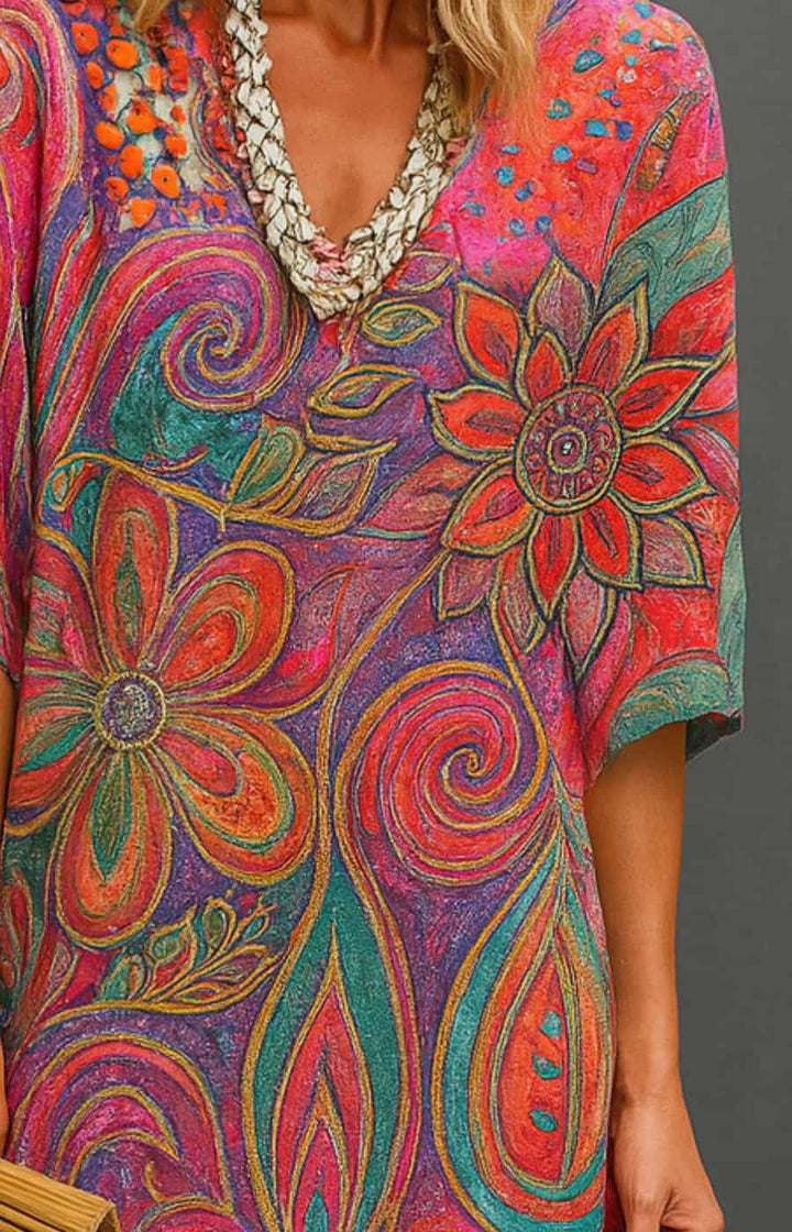 MAYA | VESTIDO ARTESANAL DE VERANO CON ESTAMPADO FLORAL HIPNÓTICO