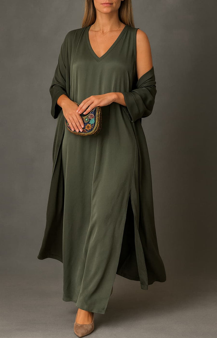 GABRIELA | CONJUNTO SATINADO DE CHAQUETA CORTA Y VESTIDO SIN MANGAS CON BOLSILLOS
