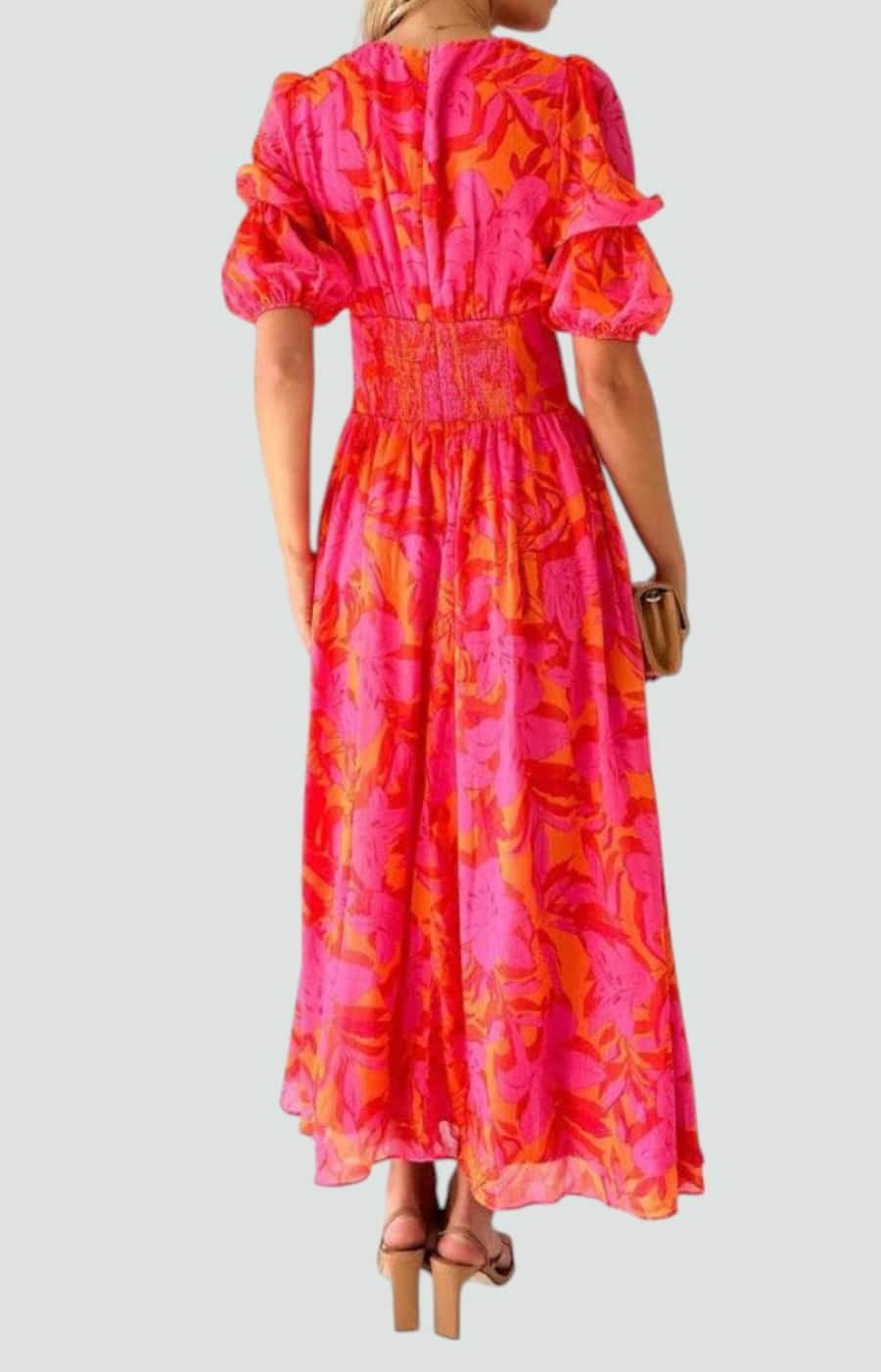 PALOMA | VESTIDO MAXI EN ROJO ROSADO CON MANGAS GLOBO