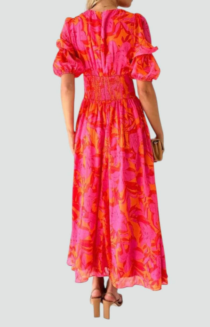 PALOMA | VESTIDO MAXI EN ROJO ROSADO CON MANGAS GLOBO