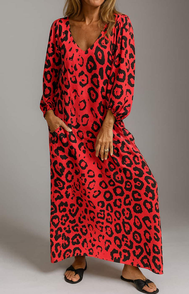 CARMEN | VESTIDO LARGO DE MANGAS LARGAS CON ESTAMPADO LEOPARDO