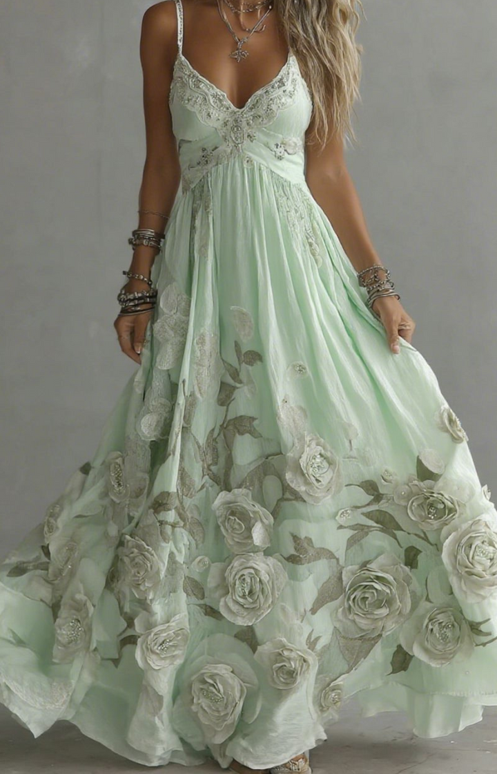 VALERIA | VESTIDO LARGO CON FLORES EN RELIEVE