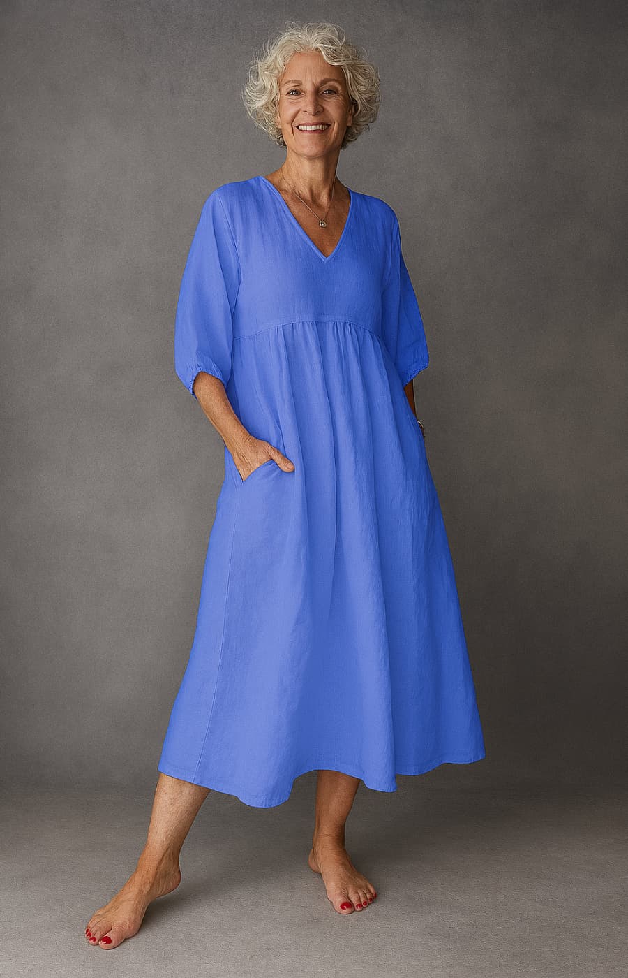 ÁNGELA | VESTIDO MIDI CON BOLSILLOS EN TEJIDO LUJOSO – CON LIGEREZA Y CALMA