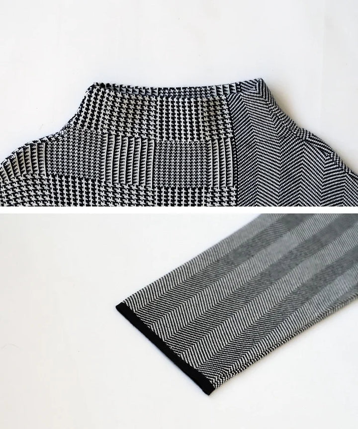 Vestido Largo de Punto Italiano con Cuello Alto y Diseño Patchwork