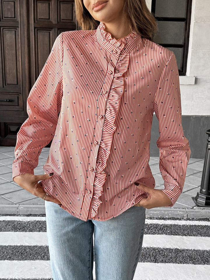 Blusa mujer manga larga con volantes y cuello alto - Lorena