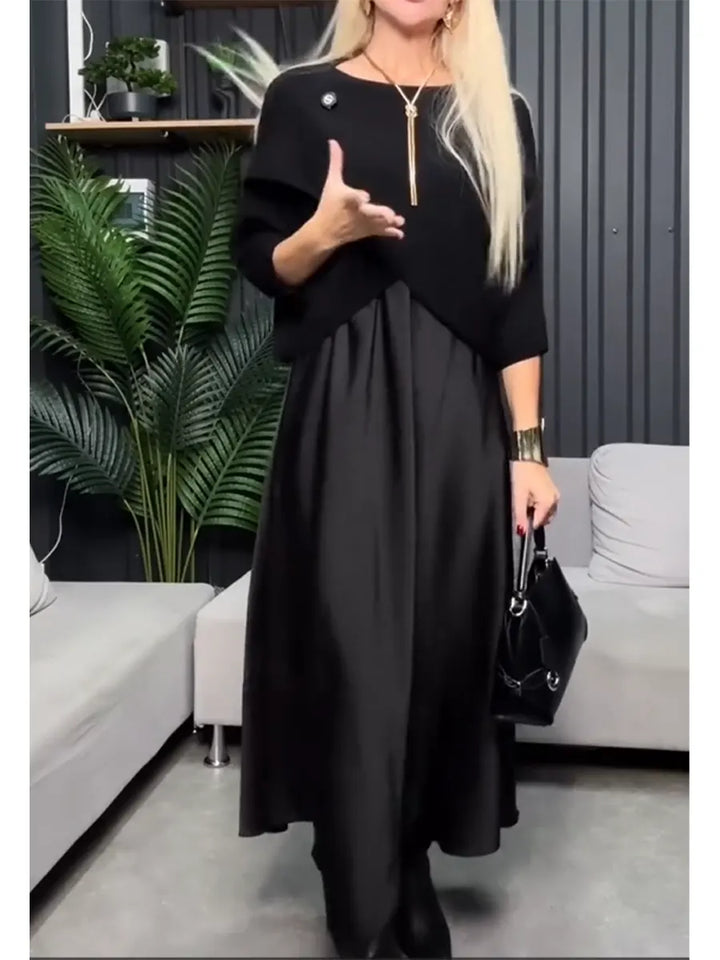 Conjunto de Dos Piezas con Vestido Satinado y Suéter de Punto