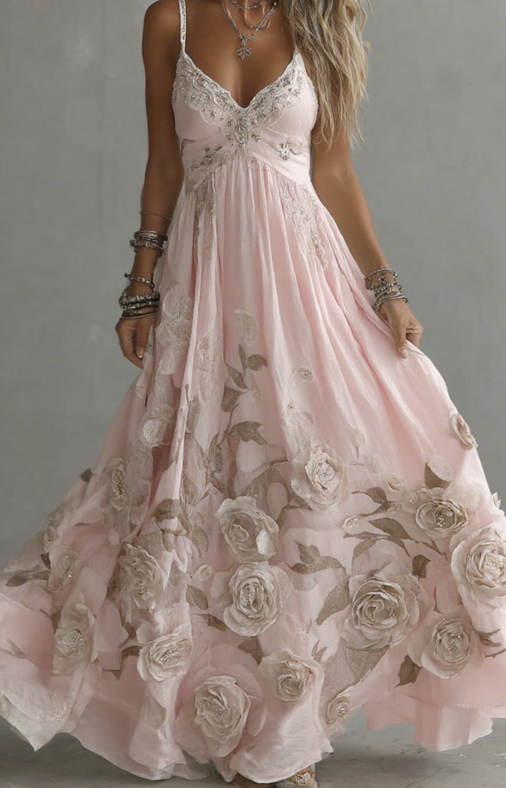 VALERIA | VESTIDO LARGO CON FLORES EN RELIEVE