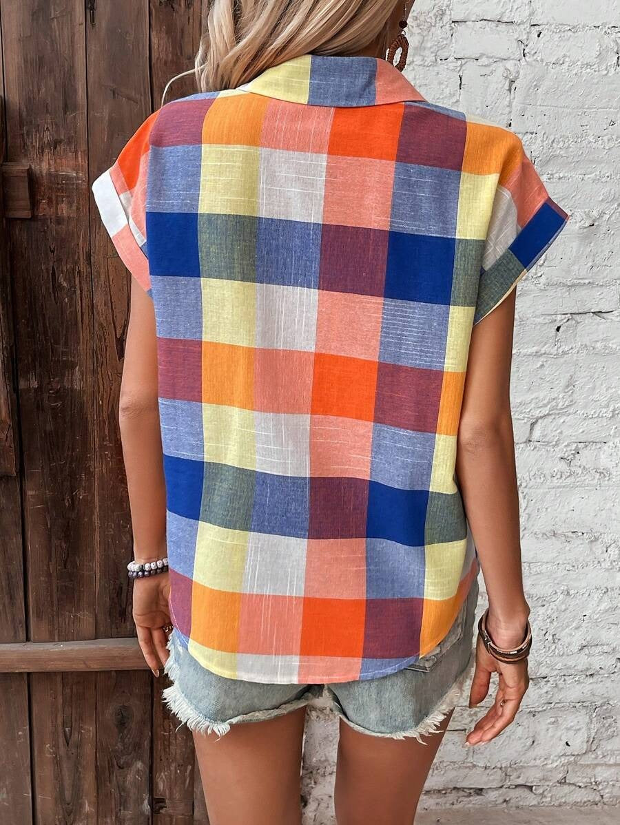 Camisa para mujer de cuadros multicolor de lino estilo casual - Gabriela