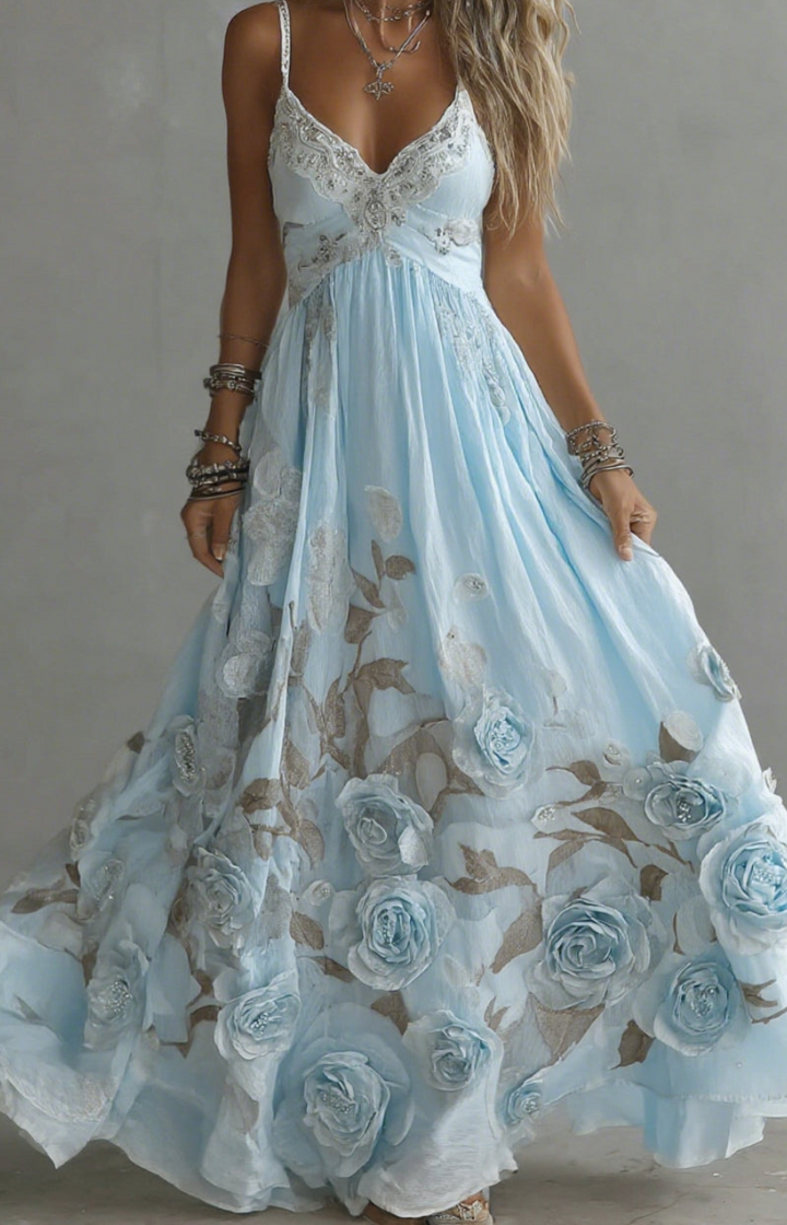 VALERIA | VESTIDO LARGO CON FLORES EN RELIEVE