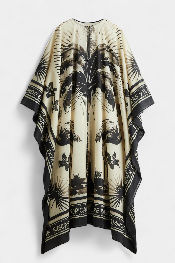 Guadalupe – Vestido Kaftán Oversized con Estampado de Flamencos y Palmeras que irradia frescura tropical