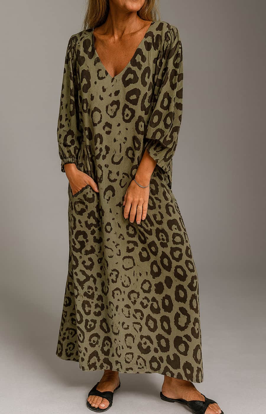 CARMEN | VESTIDO LARGO DE MANGAS LARGAS CON ESTAMPADO LEOPARDO