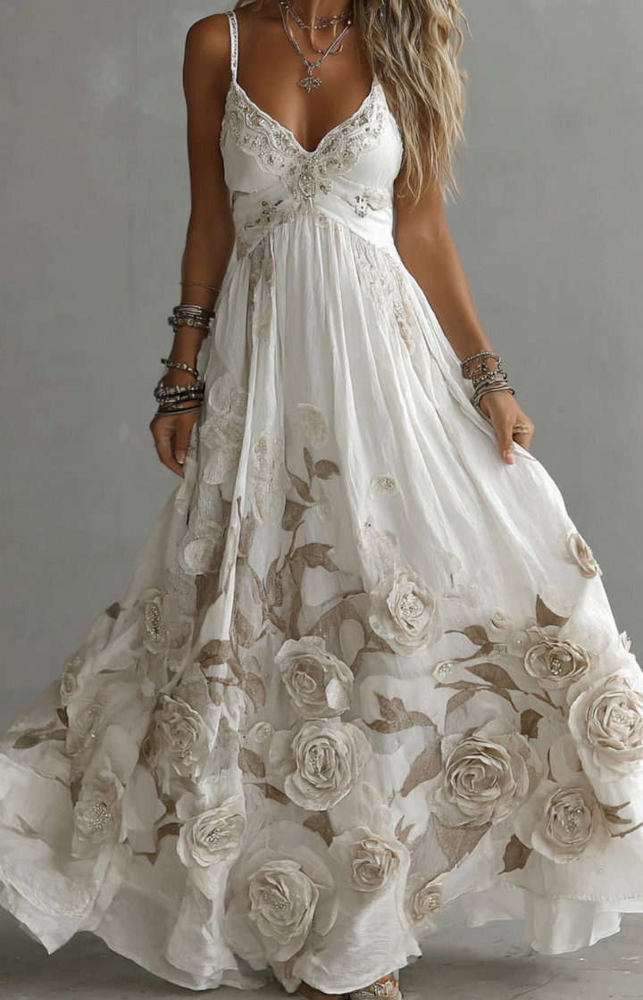 VALERIA | VESTIDO LARGO CON FLORES EN RELIEVE