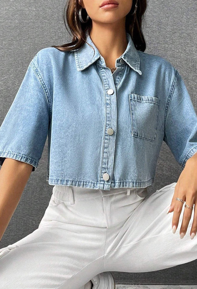 Camisa corta mujer denim con bolsillo frontal estilo casual - Emilia