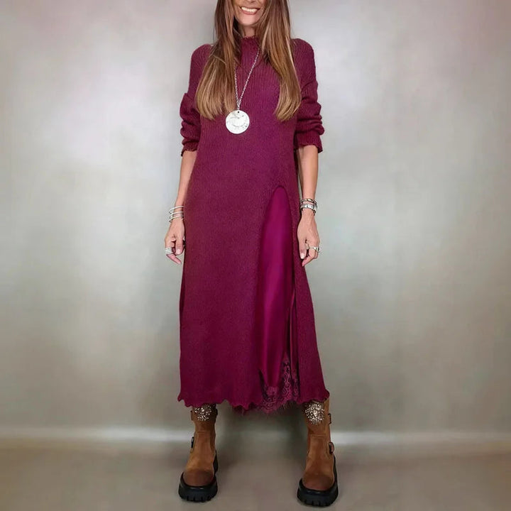 Conjunto con Encantador Vestido de Satén y Jersey Largo de Punto Artesanal