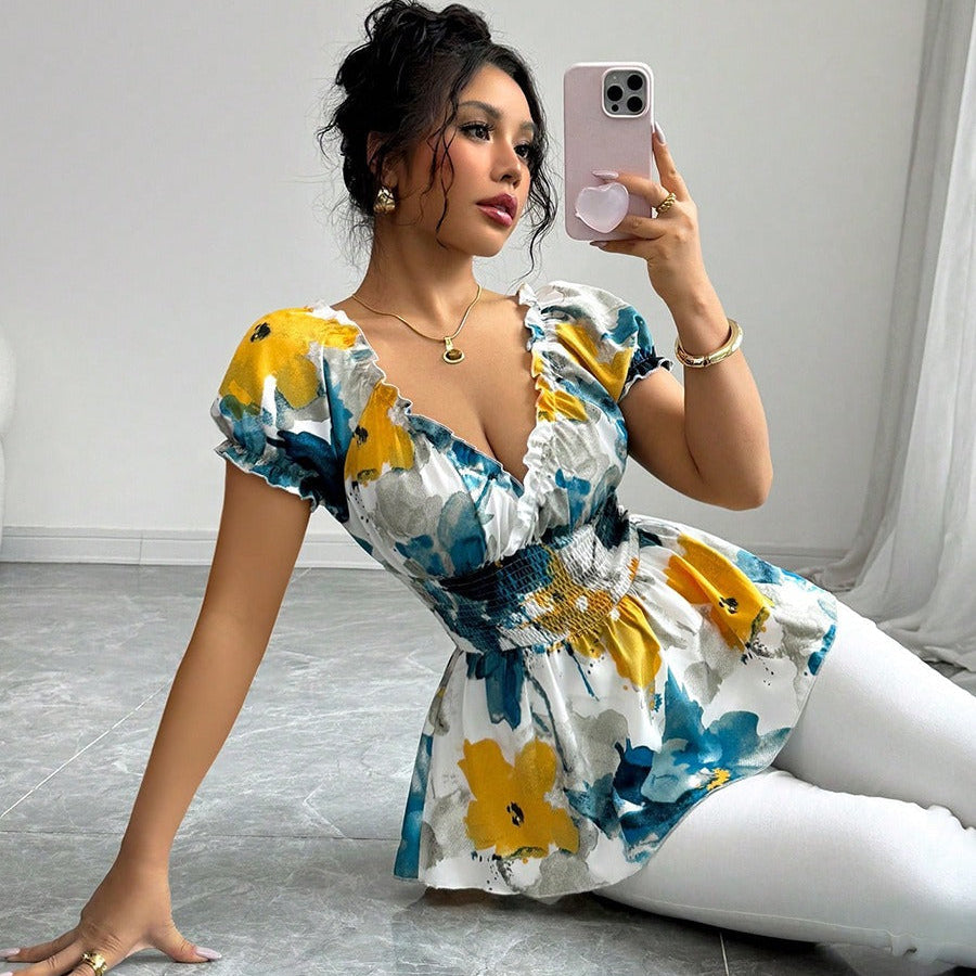 Blusa para mujer de escote pronunciado estampado floral corte peplum - Yelina