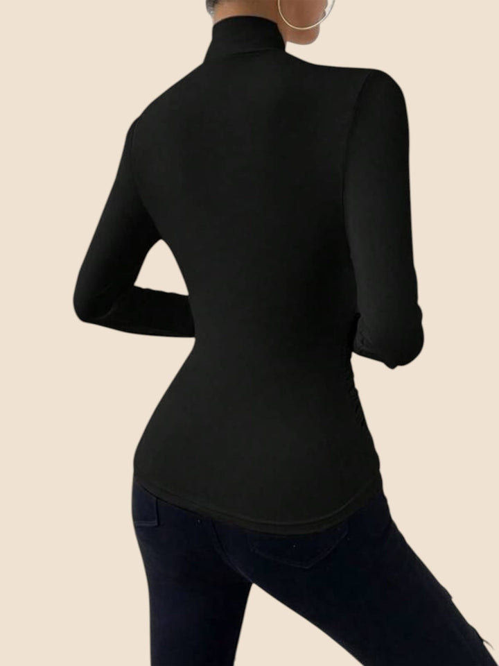 Cross-Over Collar Pleated Cinched T-Shirt