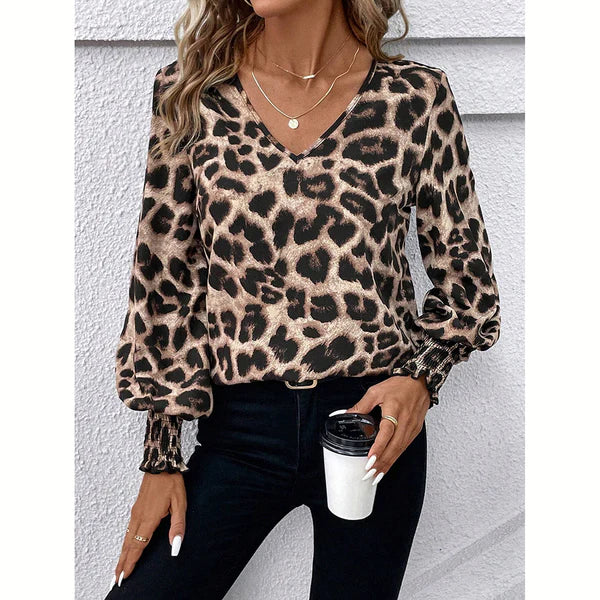 Mandy - Blusa de mujer con mangas largas, corte entallado y estampado de leopardo