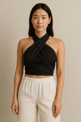 Afrodite Cotton & Line Crisscross Halter Tank Top