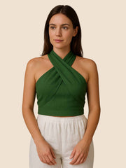 Afrodite Cotton & Line Crisscross Halter Tank Top