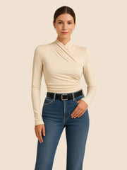 Cross-Over Collar Pleated Cinched T-Shirt