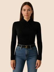 Cross-Over Collar Pleated Cinched T-Shirt