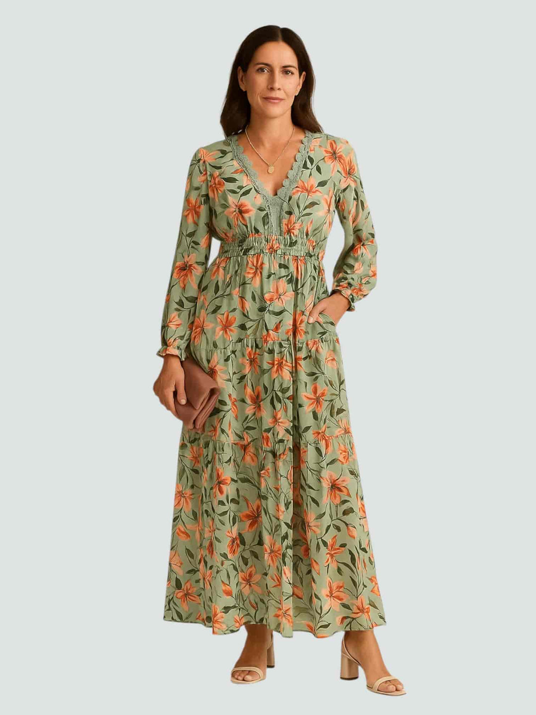 HAZAL | VESTIDO MAXI ESTAMPADO CON MANGAS LARGAS