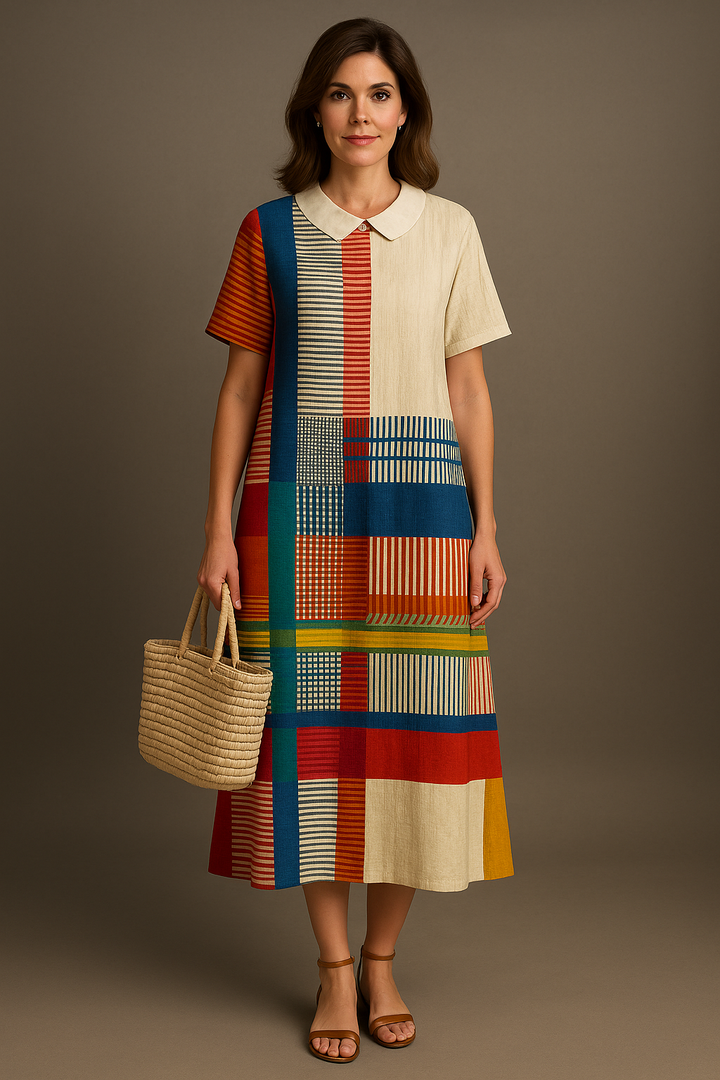 Women's Vintage Geometric Line Art Print Cotton Dress