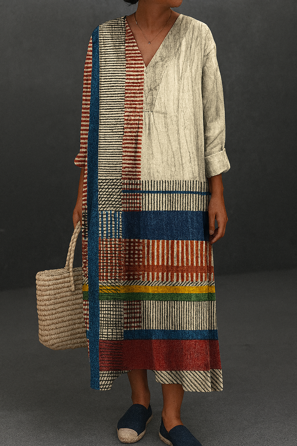 Women's Vintage Geometric Line Art Print Cotton Dress