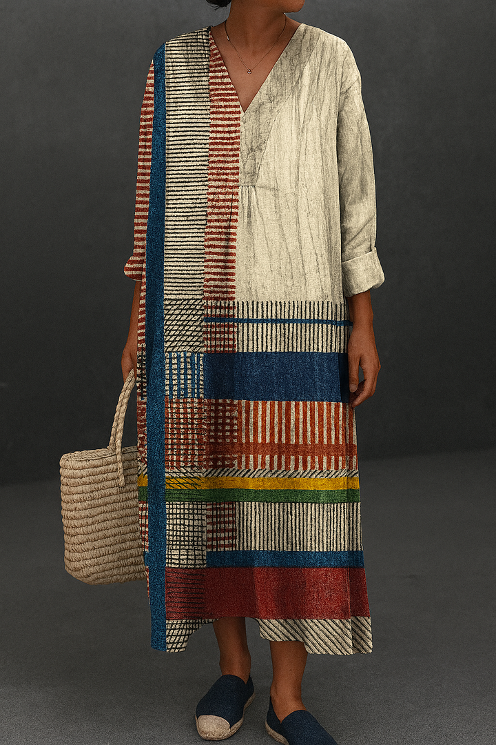 Women's Vintage Geometric Line Art Print Cotton Dress