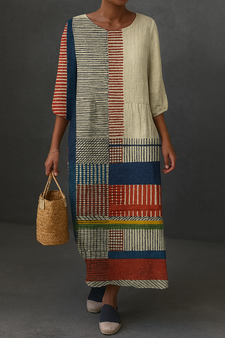 Women's Vintage Geometric Line Art Print Cotton Dress