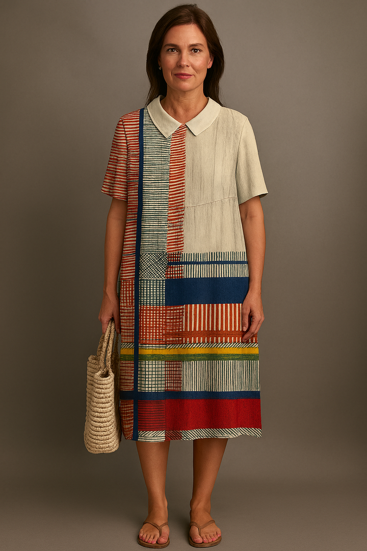 Women's Vintage Geometric Line Art Print Cotton Dress