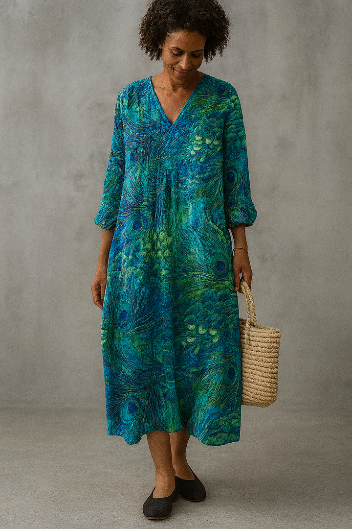 Women's Peacock Feather Pattern Art Print Casual Cotton Linen V-neck Shirt